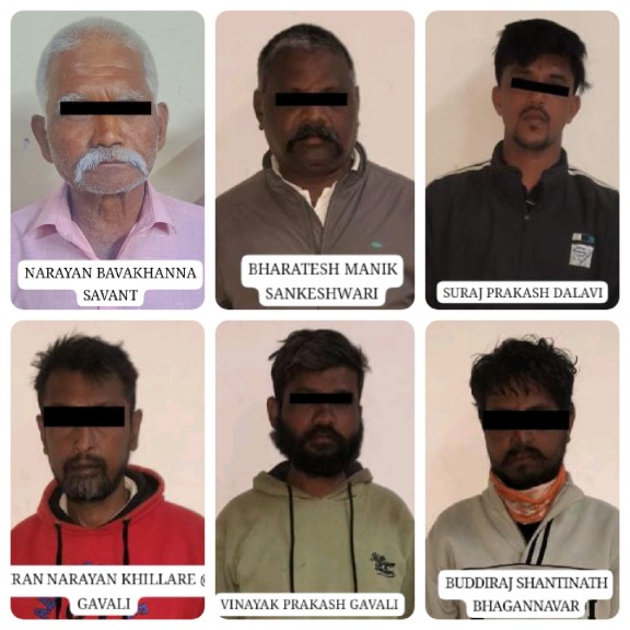 बेळगावमध्ये जुगार व मटका अड्ड्यांवर पोलिसांचा छापा; ६ जण अटकेत, ₹६,७४६ रोख व जुगार साहित्य जप्त