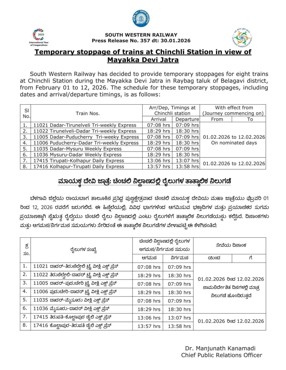 चिंचली स्थानकात ८ रेल्वेगाड्यांना तात्पुरता थांबा