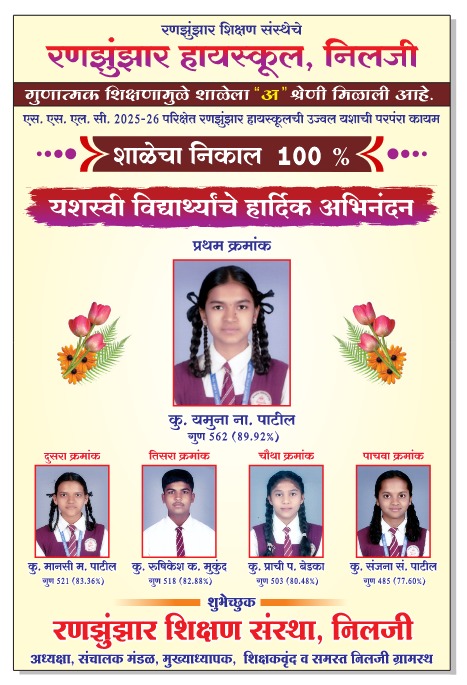 रणझुंझार हायस्कूलचा दहावीला १००% निकाल; विद्यार्थ्यांची उज्ज्वल कामगिरी